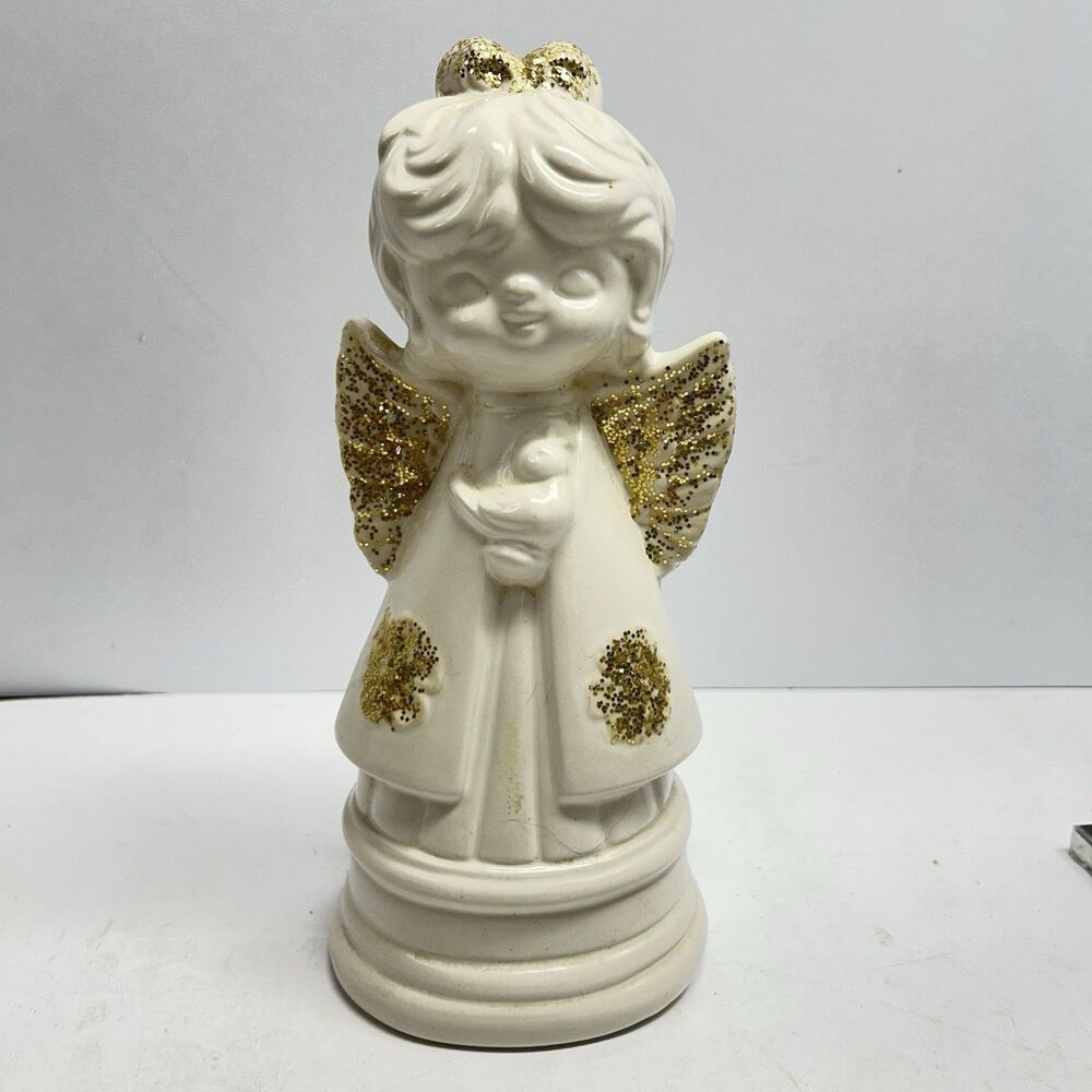 Vintage Ceramic Iridescent Angel Music Box Big Eye Gold Glitter Wings Wind Up